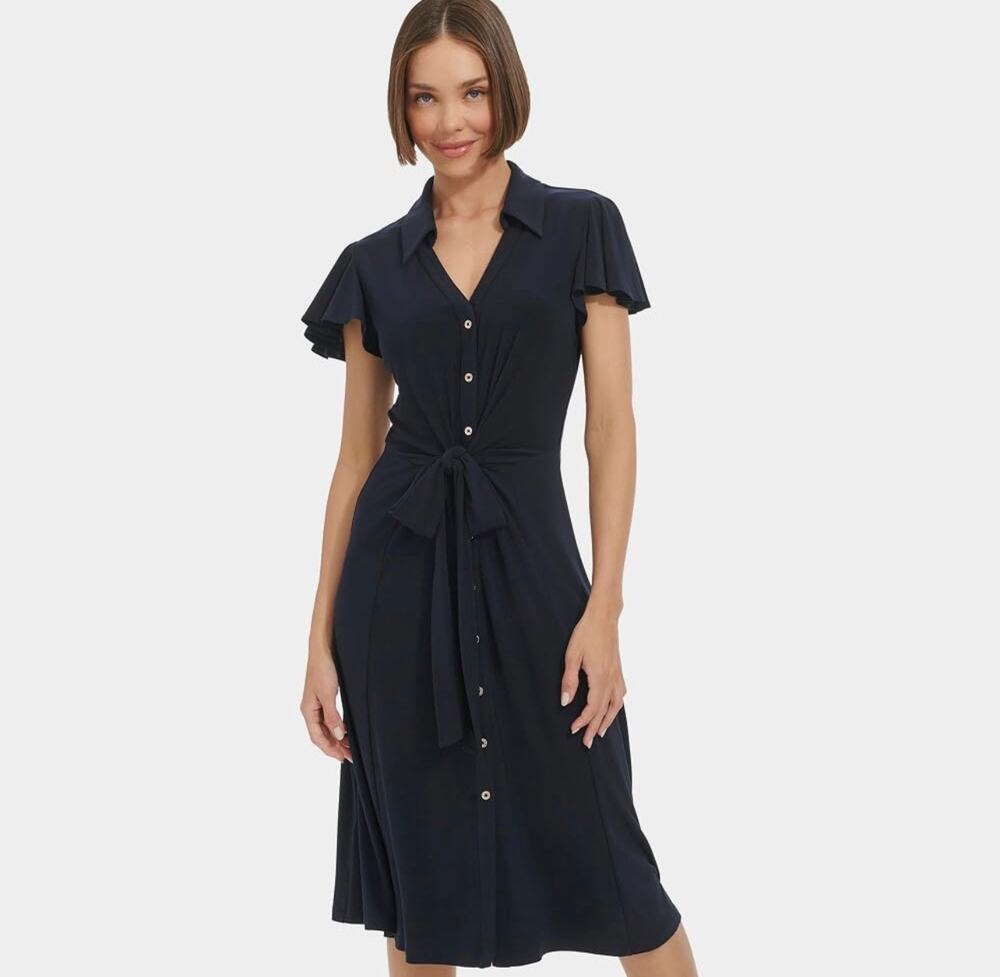 Tommy Hilfiger Navy Button Tie Front Midi Dress Size 10 NWT
